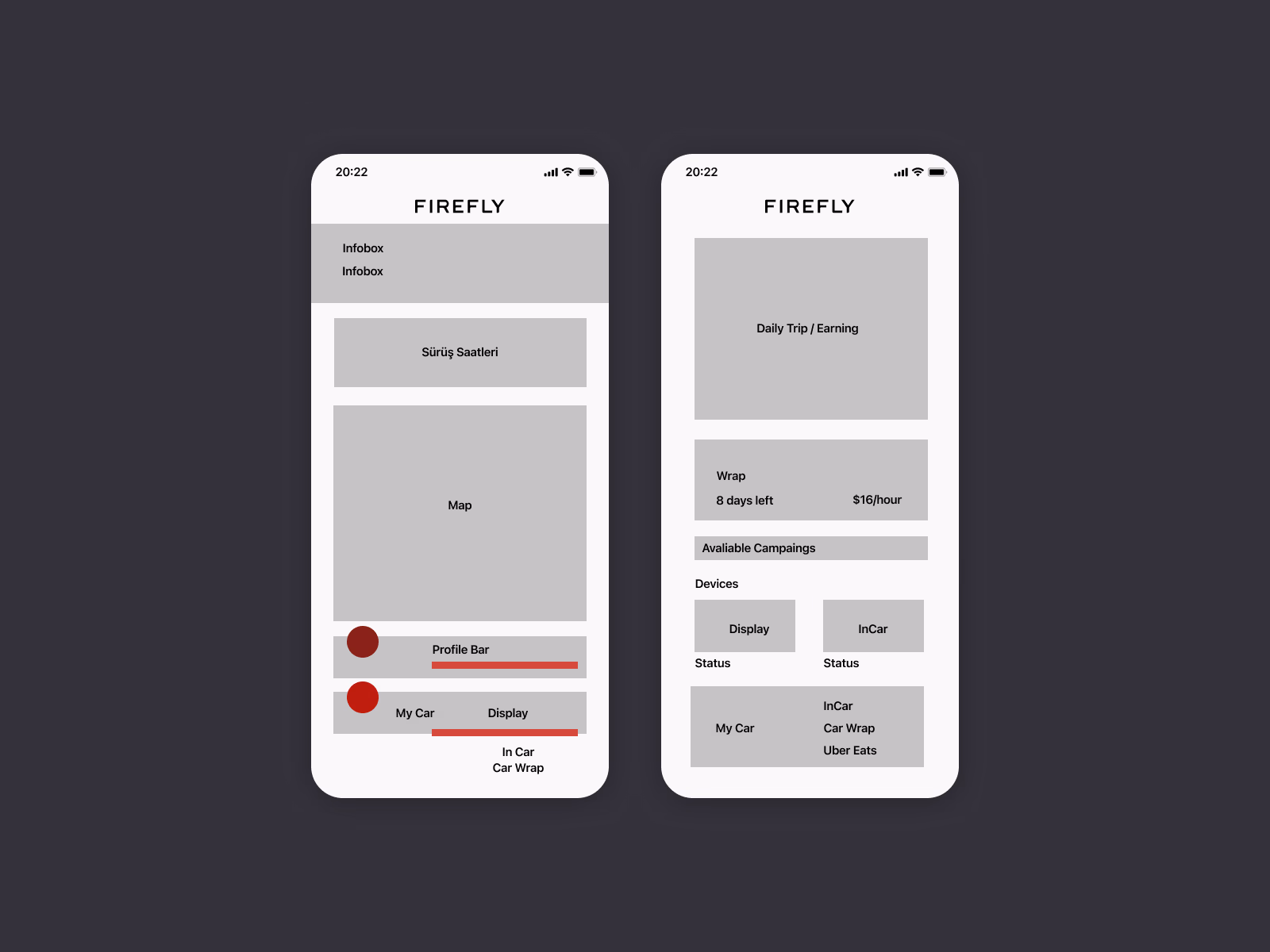 Early wireframes of the driver hub