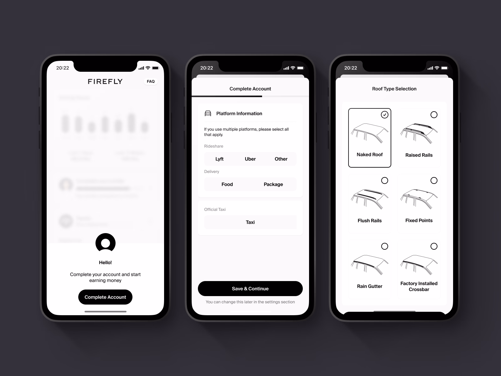 Account completion, platform and roof type selection