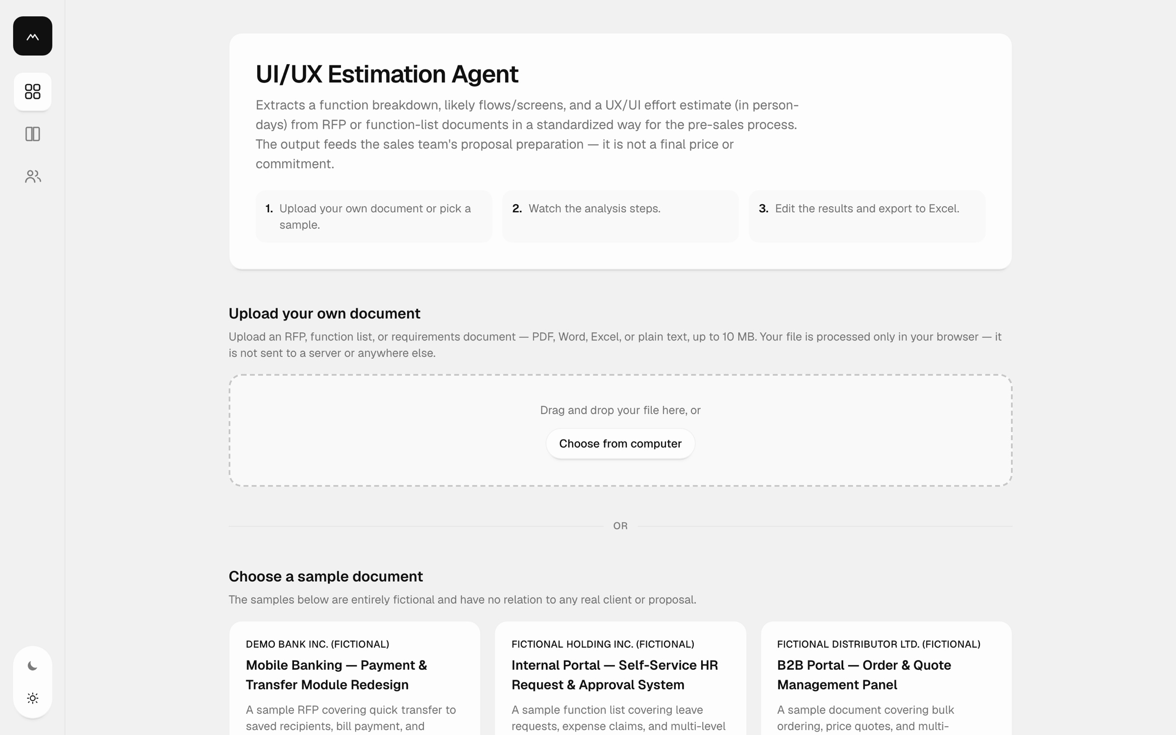 Estimation Agent start screen
