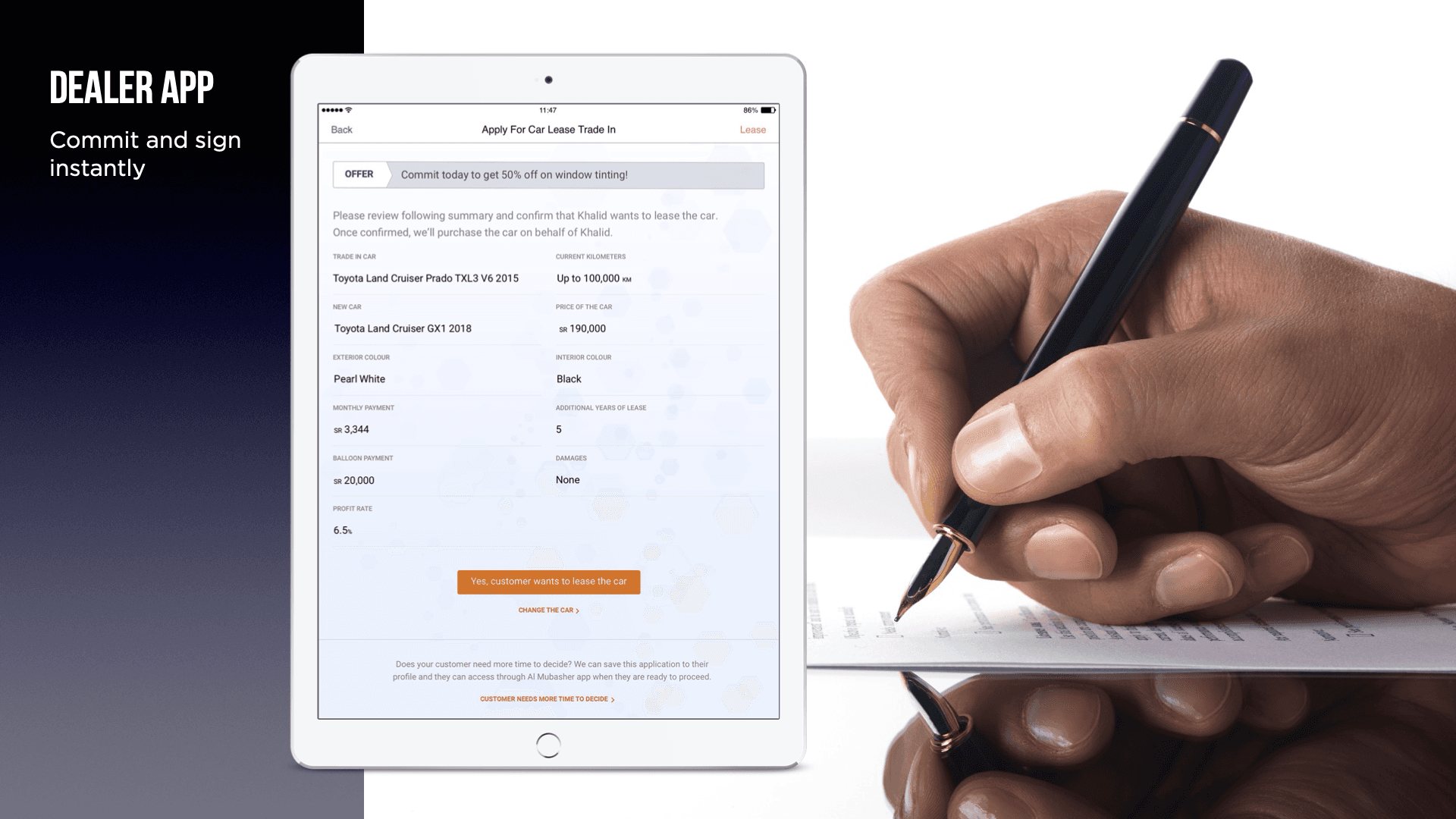 Dealer app on a tablet