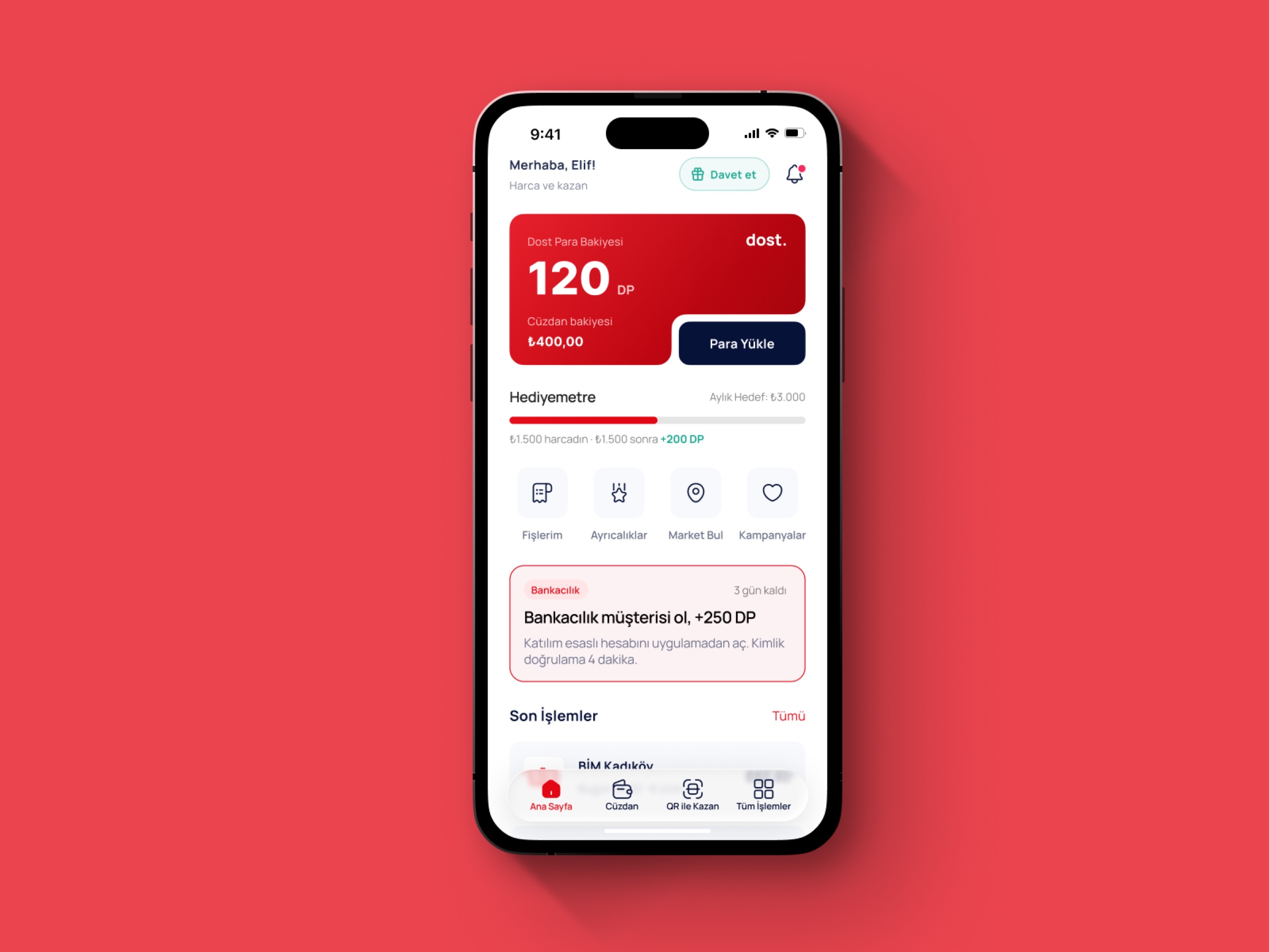 Home screen with points, wallet and a banking offer
