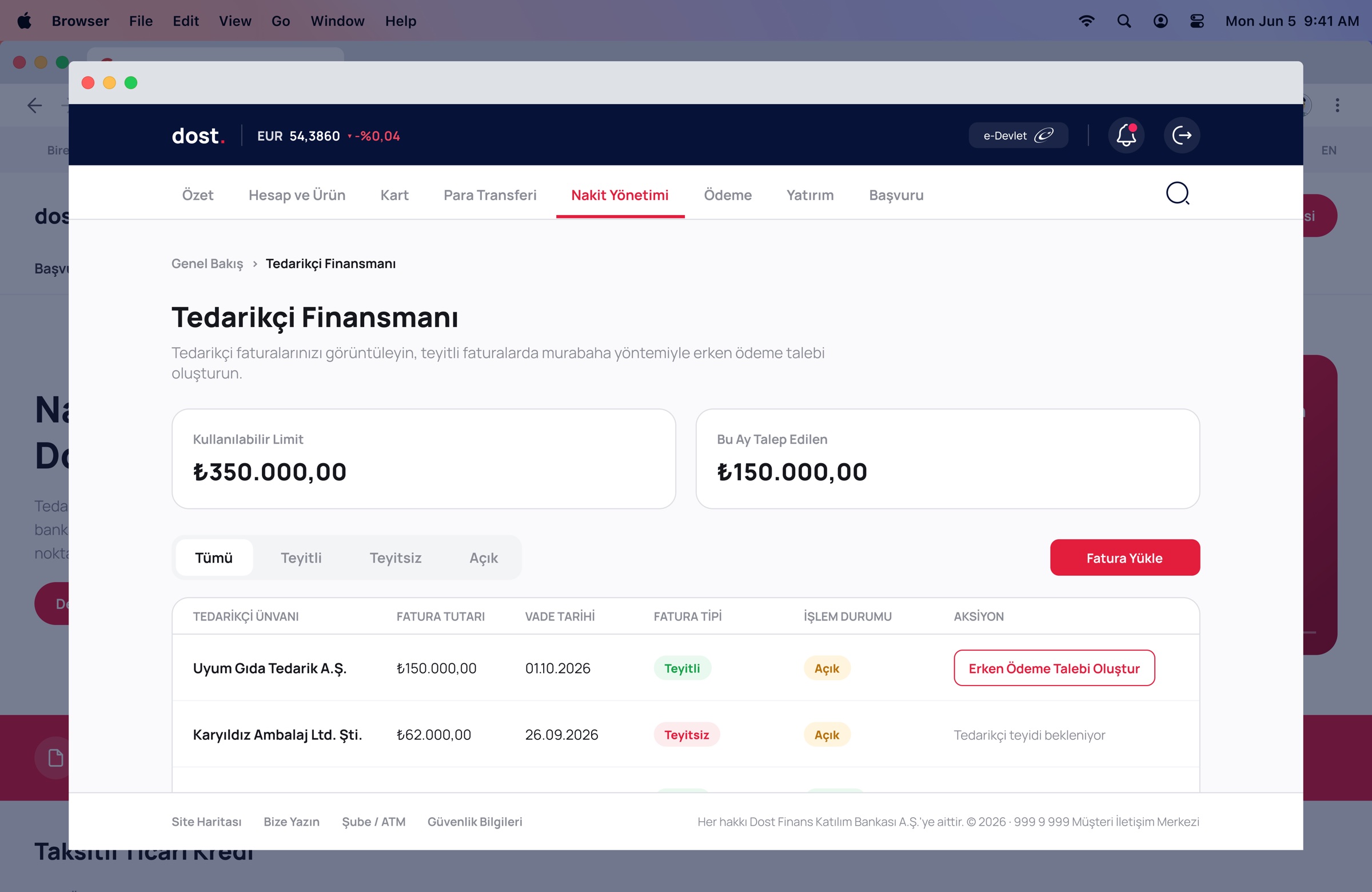Supplier financing screen