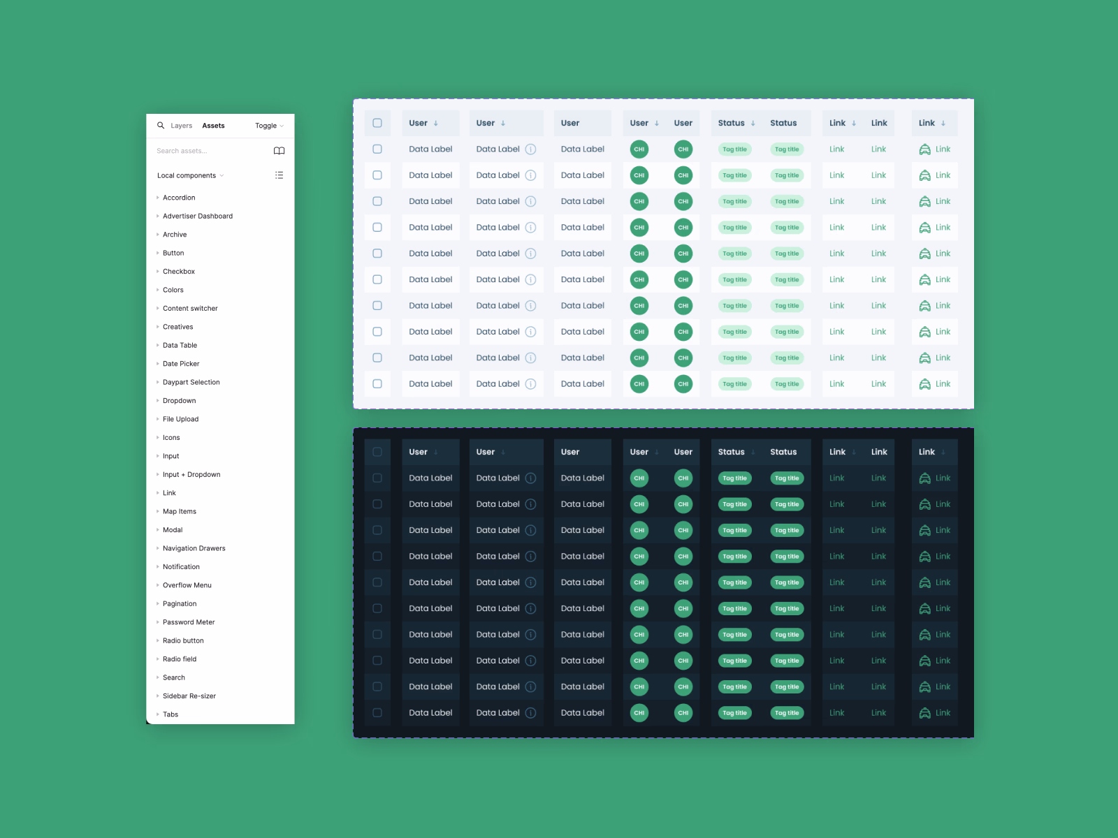 Data table component in light and dark